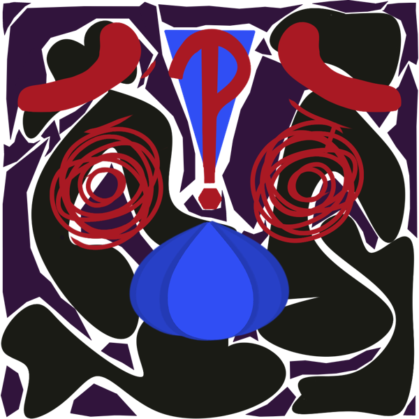 Scribbled and concerned eyes with eyebrows in red. Between the eyes is a red interrobang layered over a blue exclamation mark which is dotted by large water droplets. The background is made of black blobs and purple jagged figures.